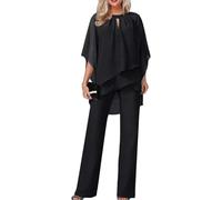 Women's Spring and Autumn Two Piece Mother of The Bride Dresses Work Suit Wedding Guest Party Suit Casual Irregular Chiffon Wide Leg Pants Set (Black,L)