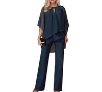 Women's Spring and Autumn Two Piece Mother of The Bride Dresses Work Suit Wedding Guest Party Suit Casual Irregular Chiffon Wide Leg Pants Set (Navy Blue,L)