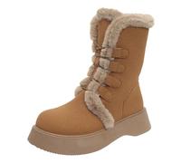 Women's Spring and Autumn Winter Tie Down Mid Tube Boots High End Plus Velvet Thickened Warm Casual Fashion Versatile Thick Edged Cotton Boot Mid Tube Boots aterproof Boot Womens Brown