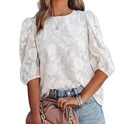 Women's Spring and Summer Hollow Bubble Sleeve Chiffon Round Neck Loose Sweet Fresh Top Flower Texture Shirt White