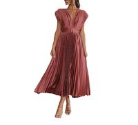 Women's Spring and Summer Solid Colour Sexy Pressed Pleated Dress Casual Loose Zip Tie Sleeveless Pleated Dresses Brick Red