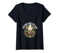 Womens Spring Antler Run Forest Trail Scene V-Neck T-Shirt