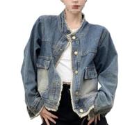 Women's Spring/Autumn Vintage Round Neck Button Loose Casual Denim Jacket Classic Multifunctional Frayed Pocket Short Denim Jacket. (blue,XL)