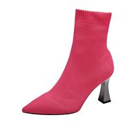 Women's Spring Autumn Winter Fashion Pointed Toe Flying Weave Mesh Stiletto Heel Large Size Mid Calf Boots Half Calf Winter Boots for Women (Hot Pink, 6)