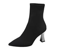 Women's Spring Autumn Winter Fashion Pointed Toe Flying Weave Mesh Stiletto Heel Large Size Mid Calf Boots Half Calf Winter Boots for Women (Black, 4.5)