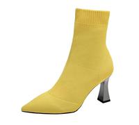 Women's Spring Autumn Winter Fashion Pointed Toe Flying Weave Mesh Stiletto Heel Large Size Mid Calf Boots Women's Boots Wide Calf 10 (Yellow, 5.5)