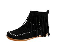 Women's Spring Autumn Winter Flat Tassel Short Barrel Round Toe Suede Ankle Boots Heel on Wheels (Black, 4.5)