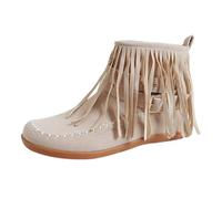 Women's Spring Autumn Winter Flat Tassel Short Barrel Round Toe Suede Ankle Boots Heel on Wheels (White, 7)