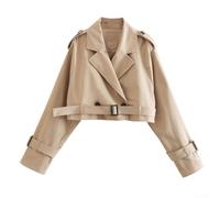 Women's Spring Casual Cropped Trench Jacket Long Sleeves Relaxed Fit Lightweight Outerwear (S Khaki)