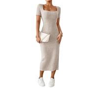 Womens Spring Casual Dresses for Women 2025 Square Neck Short Sleeve Sundress Sexy Side Slit Basic Ribbed Knit Slim Fitted Bodycon Corset Maxi Dresses Khaki X-Large