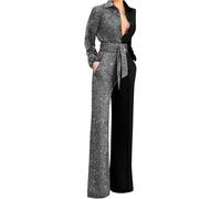 Women's Spring Sexy V-Neck Casual Jumpsuit Classic Jumpsuit Straight Jumpsuit Set Elegant Business Office Suit Pants Set (Silver,L)
