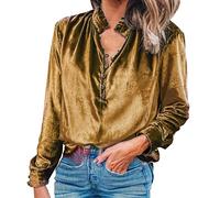 Women's Spring Sexy V Neck Retro Gold Velvet Long Sleeved Blouse Soft Cotton Long Sleeve T Shirt Women