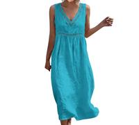 Women's Spring Summer Boho Sundress Linen Blend Sleeveless V Neck Midi Dress Casual Eyelet Cutout Women Dresses with Pockets Beach Cotton Woman Maternity Green Vintage for Party Over 50 Wedding