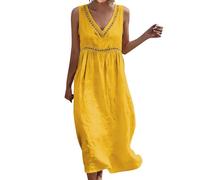 Women's Spring Summer Boho Sundress Linen Blend Sleeveless V Neck Midi Dress Casual Eyelet Cutout Women Dresses with Pockets Beach Cotton Woman Maternity Green Vintage for Party Over 50 Wedding