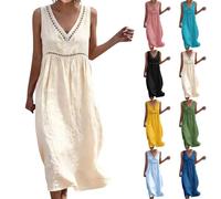 Women's Spring Summer Boho Sundress Linen Blend Sleeveless V Neck Midi Dress Casual Eyelet Cutout Women Dresses with Pockets Beach Cotton Woman Maternity Green Vintage for Party Over 50 Wedding