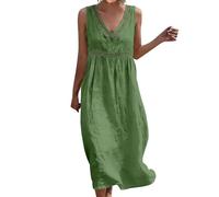Women's Spring Summer Boho Sundress Linen Blend Sleeveless V Neck Midi Dress Casual Eyelet Cutout Women Dresses with Pockets Beach Cotton Woman Maternity Green Vintage for Party Over 50 Wedding