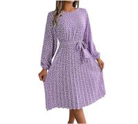 Women's Spring Summer Floral Dress Crew Neck Waist Tie Long Sleeve Dresses Elegant Party Midi Dress Casual Office Work Dress Pleated Dress Swing A-Line Dress Relaxed Fit Going Out Lounge Dress Purple