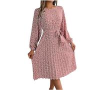 Women's Spring Summer Floral Dress Crew Neck Waist Tie Long Sleeve Dresses Elegant Party Midi Dress Casual Office Work Dress Pleated Dress Swing A-Line Dress Relaxed Fit Going Out Lounge Dress Pink