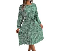 Women's Spring Summer Floral Dress Crew Neck Waist Tie Long Sleeve Dresses Elegant Party Midi Dress Casual Office Work Dress Pleated Dress Swing A-Line Dress Relaxed Fit Going Out Lounge Dress Green