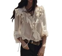 Women's Spring Summer Long Sleeve Layered Shirts Vintage O-Neck Dot Tierred Ruffles Cute Blouses 26006 Beige L