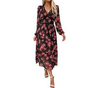 Women's Spring Wrap Maxi Dress Floral V Neck Long Sleeve Wedding Guest Party Casual Chiffon Dress, Black Rose, XXL