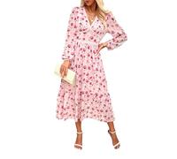 Women's Spring Wrap Maxi Dress Floral V Neck Long Sleeve Wedding Guest Party Casual Chiffon Dress, Pink Rose, L