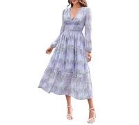 Women's Spring Wrap Maxi Dress Floral V Neck Long Sleeve Wedding Guest Party Casual Chiffon Dress, Wisteria, XXL