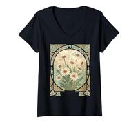 Women's Springtime Daisy Birth Month Flower Art Nouveau Vintage V-Neck T-Shirt