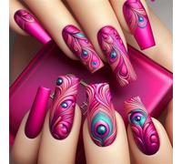 Womens Square Full Covers Long Artificial Nails With Hotpink Feathered Designs 24 Pieces Set Coffun Press On Nails