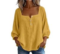 Women's Square Neck Cotton Linen Shirt 3/4 Lantern Sleeve Split Button Down Blouses Loose Fit Drop Shoulder Casual Gauze T-Shirts Lightweight Breathable for Ladies Boho Beach Everyday Wear