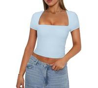 Women's Square Neck Crop Tops Short Sleeve Solid Color Double Lined Basic Tee Slim Fit Tops Stretchy Blouses Streetwear Y2K Tees (A-Sky Blue, S)