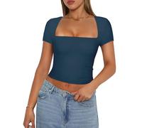 Women's Square Neck Crop Tops Short Sleeve Solid Color Double Lined Basic Tee Slim Fit Tops Stretchy Blouses Streetwear Y2K Tees (A-Dark Blue, S)
