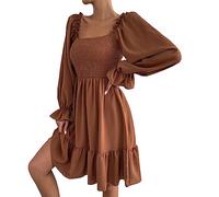 Women's Square Neck Dresses Long Sleeve Retro Beauty Dress Solid Color Ruffle Hem Wrap Mini Skirts High Waisted Ruched Dresses Ladies Elegant Evening Party Wedding Guest Dress Bests Gifts for Women