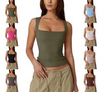 Women's Square Neck Going Out Crop Tops Double Lined Cute Basic Tank Tops Going Out Shirt Slim Fit Summer (Green,S)