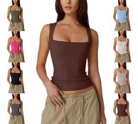 Women's Square Neck Going Out Crop Tops Double Lined Cute Basic Tank Tops Going Out Shirt Slim Fit Summer (Brown,L)