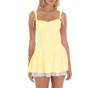 Women's Square Neck Mini Corset Dress Spaghetti Strap Sleeveless Bow Tie Strap Solid Color A Line Swing Short Dress (Yellow, XL)