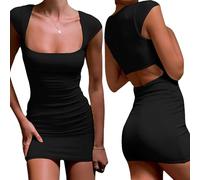 Women's Square Neck Short Sleeve Mini Bodycon Dress Sexy Casual Summer Cap Sleeve Open Back Slim Fit Cocktail Club Party Outfits HL Black