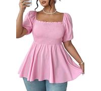 Women's Square Neck Smocked Peplum Blouse, Puff Short Sleeve Babydoll Tunic Top, Elastic Waist Flared Hem Loose Fit Casual Summer Top for Women UK Pink