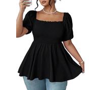 Women's Square Neck Smocked Peplum Blouse, Puff Short Sleeve Babydoll Tunic Top, Elastic Waist Flared Hem Loose Fit Casual Summer Top for Women UK Black