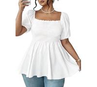 Women's Square Neck Smocked Peplum Blouse, Puff Short Sleeve Babydoll Tunic Top, Elastic Waist Flared Hem Loose Fit Casual Summer Top for Women UK White