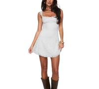 Women's Square Neck Strap Lace Mini Dress Flowy A-Line Ruffle Swing Casual Summer Sundress Party Graduation Dress (White#1, S)