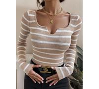 Womens Square Neck Stripe Long Sleeve Slim Fit Knit Sweater Casual Fall Fashion Pullover