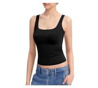 Women's Square Neck Tank Top Sleeveless Double Lined Basic Tops Harajuku Slim T Shirt Sexy Corset (Color : Black, Size : L)