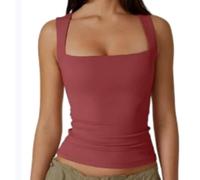 Women's Square Neck Vest Tops, Double-Layer Sleeveless Tank Top with Soft Stretchy Fabric, Lady Basic Skinny T-Shirt, Yoga Sport & Casual Wear Essentials for Women Ladies (Brick red,S)