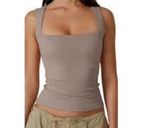 Women's Square Neck Vest Tops, Double-Layer Sleeveless Tank Top with Soft Stretchy Fabric, Lady Basic Skinny T-Shirt, Yoga Sport & Casual Wear Essentials for Women Ladies (Light tan,L)