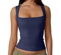 Women's Square Neck Vest Tops, Double-Layer Sleeveless Tank Top with Soft Stretchy Fabric, Lady Basic Skinny T-Shirt, Yoga Sport & Casual Wear Essentials for Women Ladies (Navy Blue,L)