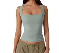 Women's Square Neck Vest Tops, Double-Layer Sleeveless Tank Top with Soft Stretchy Fabric, Lady Basic Skinny T-Shirt, Yoga Sport & Casual Wear Essentials for Women Ladies (Light Green,S)