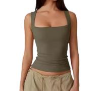 Women's Square Neck Vest Tops, Double-Layer Sleeveless Tank Top with Soft Stretchy Fabric, Lady Basic Skinny T-Shirt, Yoga Sport & Casual Wear Essentials for Women Ladies (Army Green,M)