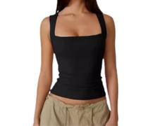 Women's Square Neck Vest Tops, Double-Layer Sleeveless Tank Top with Soft Stretchy Fabric, Lady Basic Skinny T-Shirt, Yoga Sport & Casual Wear Essentials for Women Ladies (Black,L)