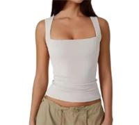 Women's Square Neck Vest Tops, Double-Layer Sleeveless Tank Top with Soft Stretchy Fabric, Lady Basic Skinny T-Shirt, Yoga Sport & Casual Wear Essentials for Women Ladies (White,S)